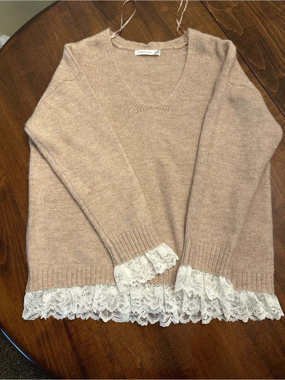 Altar’s State Lace-Hem V-Neck Sweater in Beige/tan